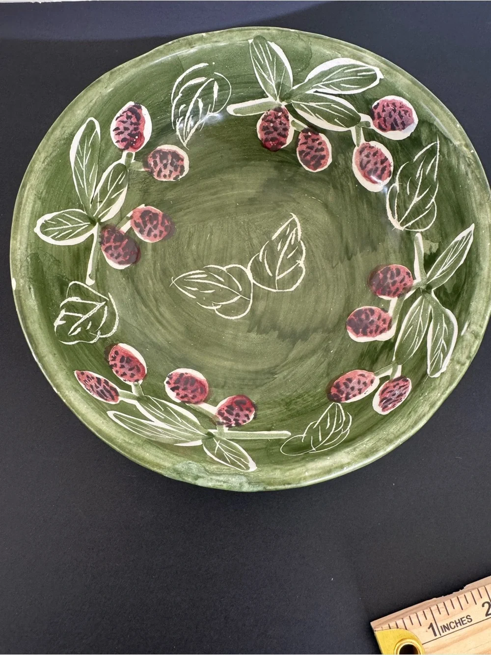 Pottery Barn Green Ceramic Bowl with Red Berry Accent